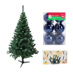 DEAR SANTA - Árbol de Navidad 180cm 341 Ramas Canadiense Verde + Juego de 100 Luces Blancas Navidad + Set de 12 Esferas 6 cm Azul Oscuro Brillantes