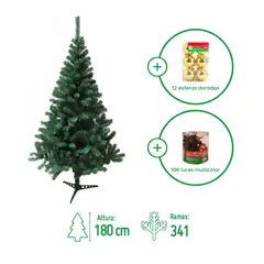 DEAR SANTA - Árbol de Navidad 180cm 341 Ramas Canadiense Verde + Juego de 100 Mini Luces Colores 8 Funciones Navidad + 12 Esferas de Navidad Dorado 6cm.