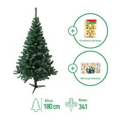 DEAR SANTA - Árbol de Navidad 180cm 341 Ramas Canadiense Verde + Juego de 100 Luces Blancas Navidad + 12 Esferas de Navidad Dorado 6cm