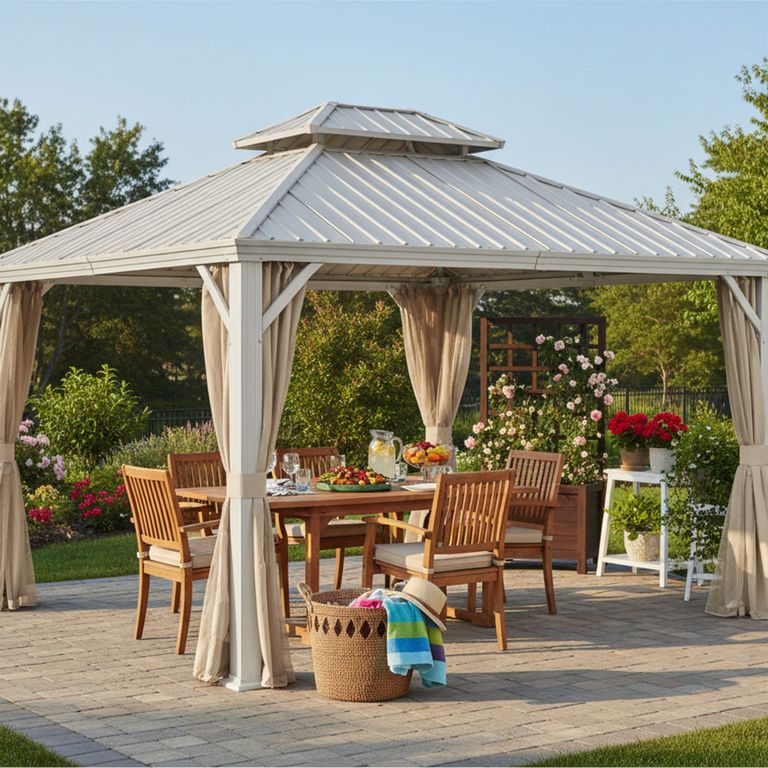 Pérgola Metálica con Cortinas 3.6x3m Beige
