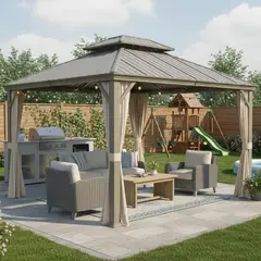 JUST HOME COLLECTION - Pérgola Metálica con Cortinas 3.6x3m Beige