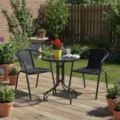 JUST HOME COLLECTION - Mesa de Terraza Metal con Vidrio Redonda Negro 60 CM + Silla para Terraza Look Ratan Negro 73x54x61 cm