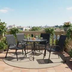 JUST HOME COLLECTION - Mesa Redonda de Vidrio 120x70x120 cm Gris Oscuro + Silla para Terraza Sling Negro 91x55x74 cm