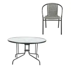 JUST HOME COLLECTION - Juego de comedor mesa redonda de vidrio 120x70x120 cm  + 6   sillas ratan gris