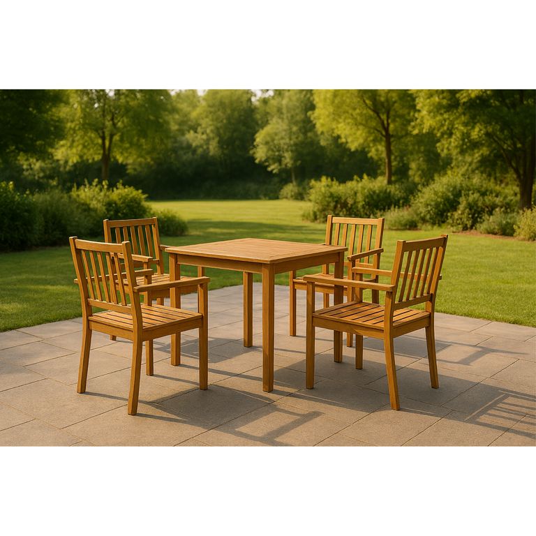 Mesa Cuadrada de Madera 80x74x80 cm Natural + 4 Sillas De Madera Acacia Para Terraza Natural 84x58x54 Cm
