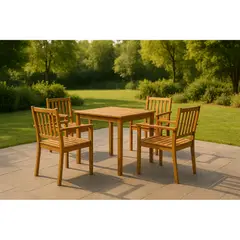 JUST HOME COLLECTION - Mesa Cuadrada de Madera 80x74x80 cm Natural + 4 Sillas De Madera Acacia Para Terraza Natural 84x58x54 Cm