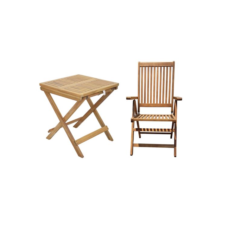 Silla Plegable De Madera Para Terraza Natural 105x57x69 Cm + Mesa Madera Plegable 45x45x50 Cm