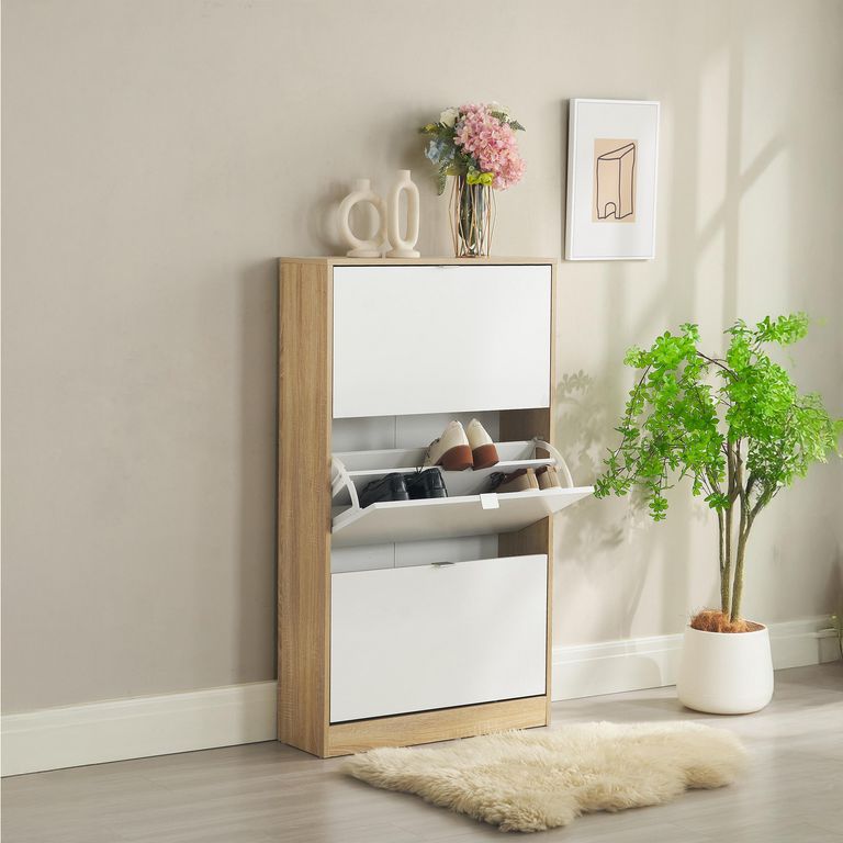 Zapatero 3 Puertas 70.4x125.2x24 cm Melamina Blanco/Roble