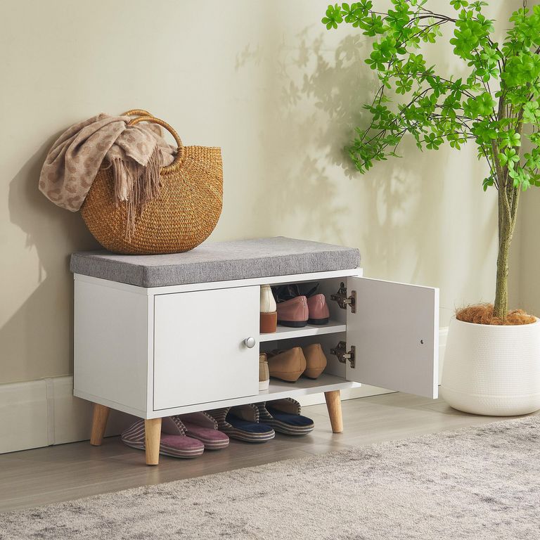 Zapatero Banca con Puerta 60x43.3x30 cm Melamina Blanco/Gris