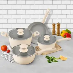 JUST HOME COLLECTION - Juego de Batería de Cocina 7 Piezas Aluminio Beige