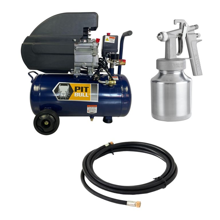 Compresora De Aire Semi Profesional Pitbull 2HP 24 Lt + Manguera de Aire 1/4" 5m Lago + Pistola para Pintar
