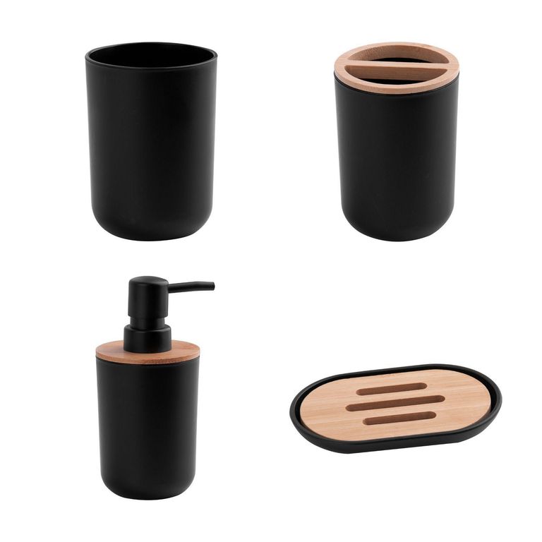 Set 4 Piezas de Baño Plástico/Bambú Negro