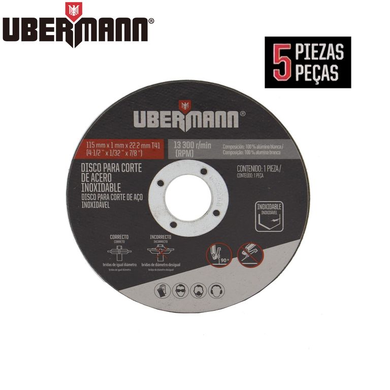 Pack 5 Discos de Corte Acero Inoxidable 1mm 41/2"