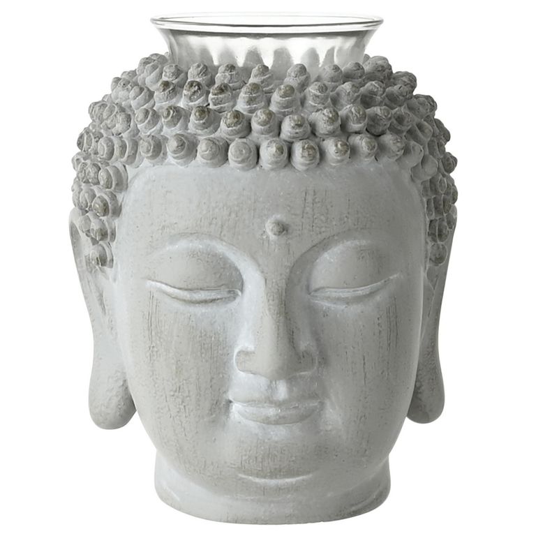 Portavela cabeza de Buda gris 12cm