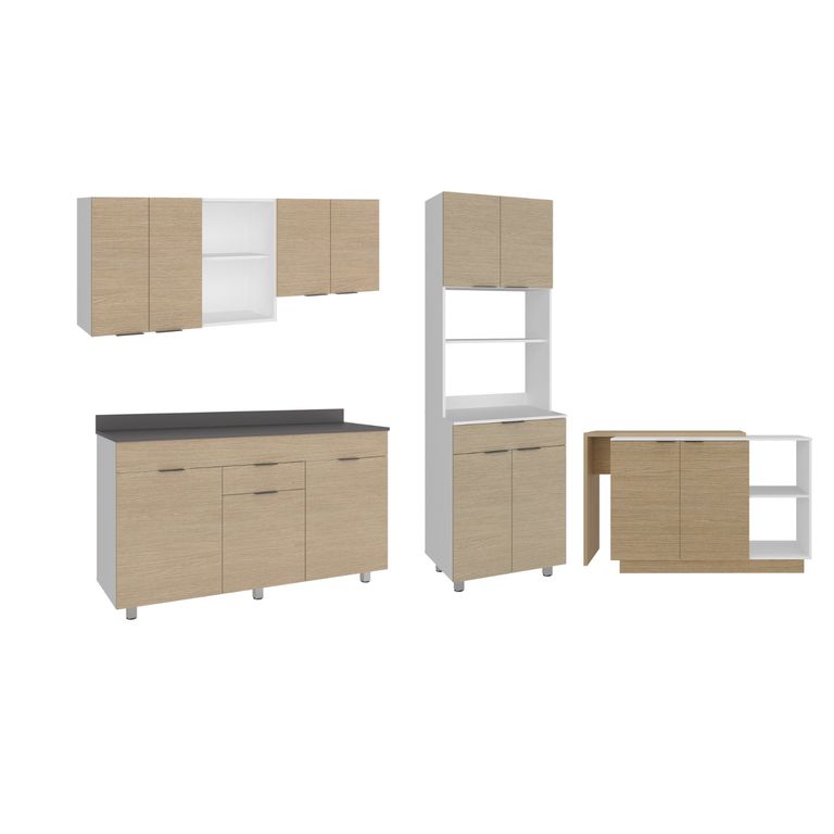 Colección Completa Mueble de Cocina Sicilia 180cm (Modulo Superior + Inferior) + Torre Microondas 60cm + Barra Isla 150cm