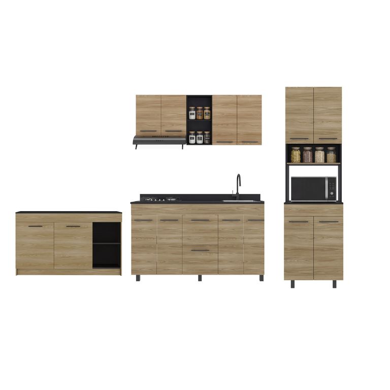 Colección Completa Mueble de Cocina Luna 150cm (Modulo Superior + Inferior) + Torre Microondas 60cm + Barra Isla 150cm