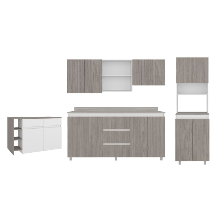 Colección Completa Mueble de Cocina Vimo Positano 180cm (Modulo Superior + Inferior) + Torre Microondas 60cm + Barra Isla 150cm