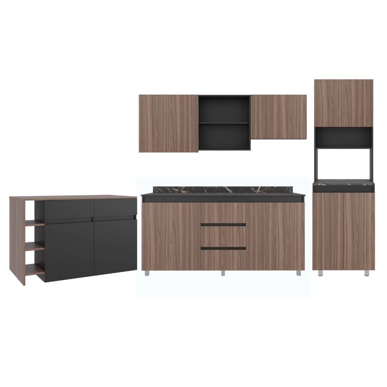 Colección Completa Mueble de Cocina Vimo Avellana 180cm (Modulo Superior + Inferior) + Torre Microondas 60cm + Barra Isla 150cm